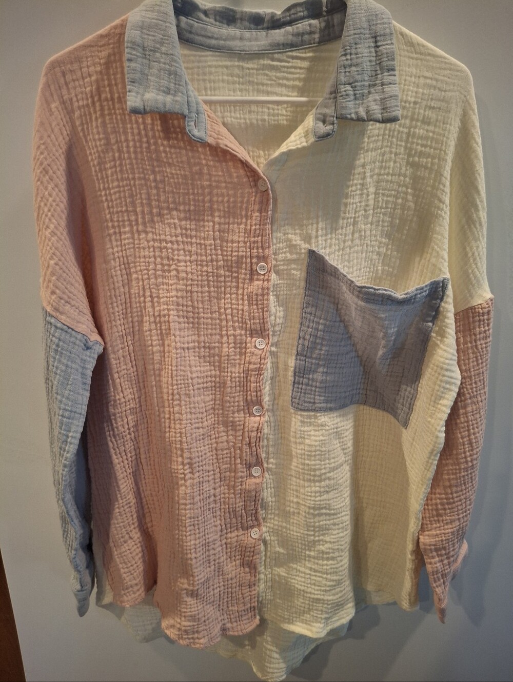 Source Unknown Pastel Colorblock Button-Down Shirt - Pink, Cream & Pale Blue